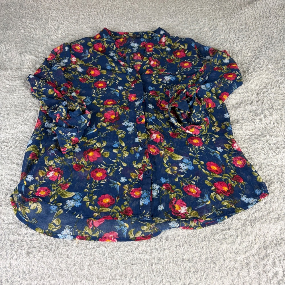 KUT from the Kloth Navy Blue Floral Roll Tab Sleeve Button Down Blouse Medium
